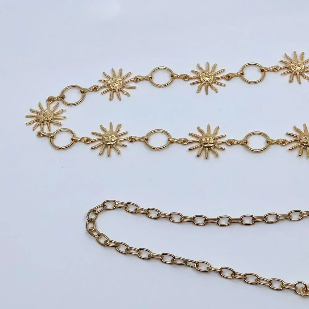 Y2K Celestial Gold-Tone Sun Face Chain Belt, Fits 23.5–38 Inches, X7GA1228